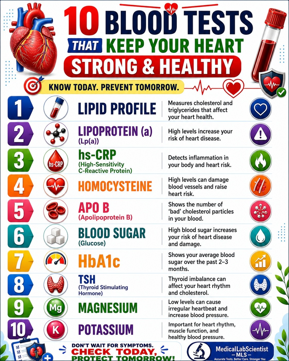 10 blood tests that help assess heart health: • Lipid Profile: Measures cholesterol and triglycerides that affect heart health • Lipoprotein(a): High levels are linked to increased heart disease risk • hs-CRP