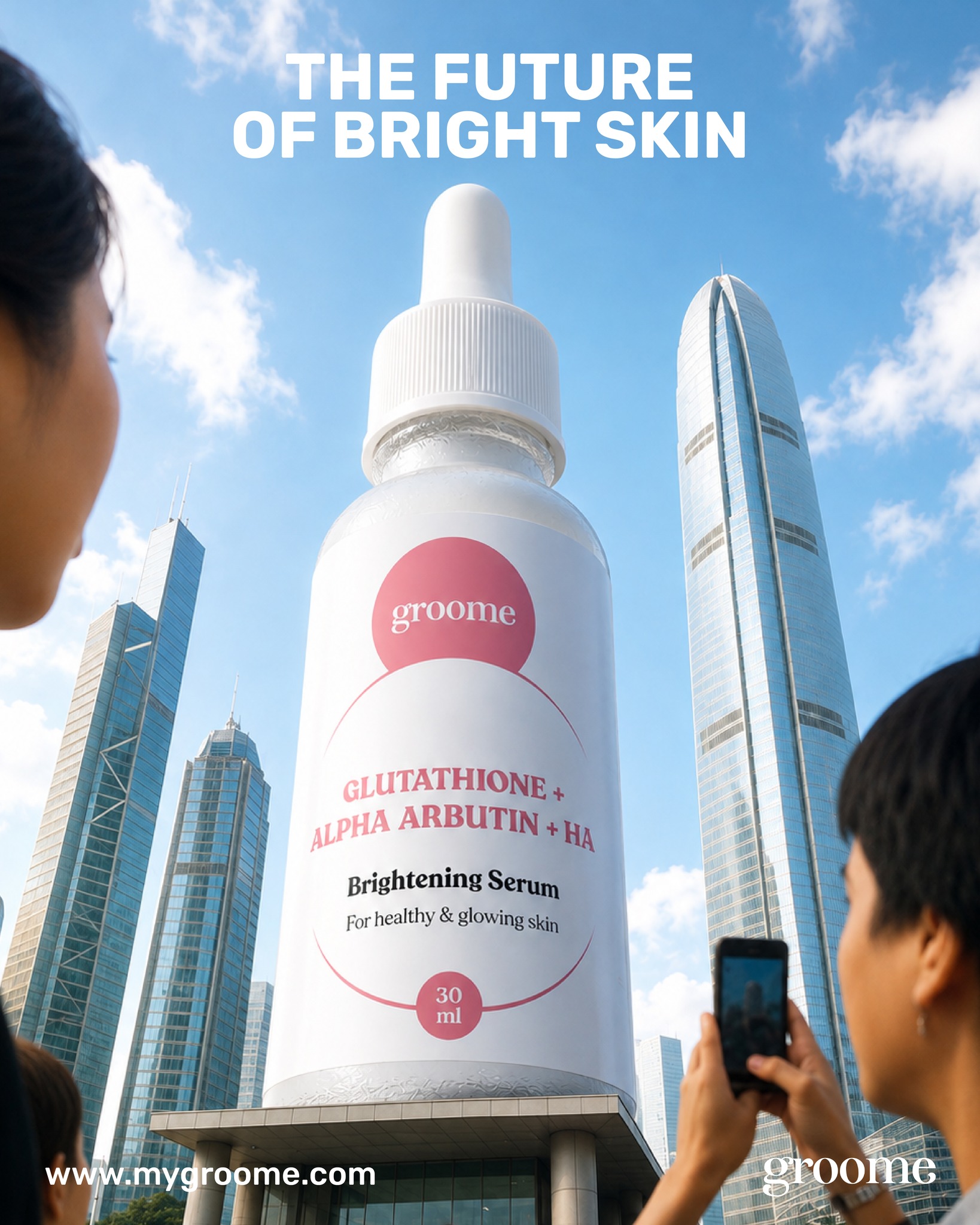 Groome brightening serum with glutathione, alpha arbutin, and hyaluronic acid for brighter skin