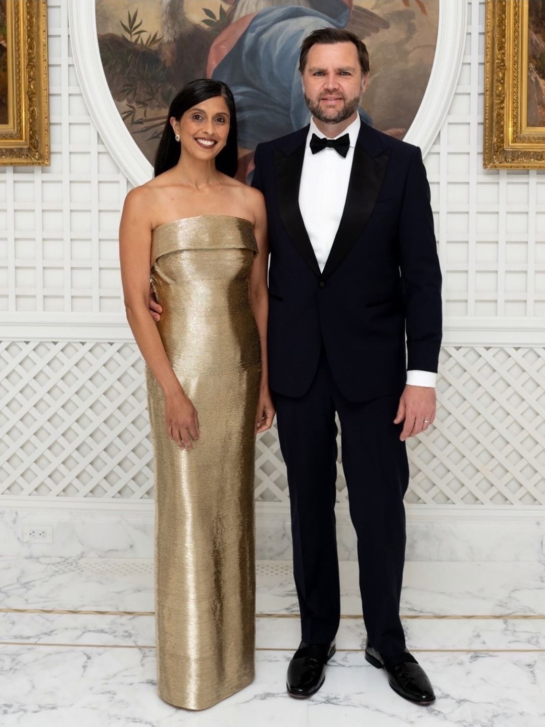second lady dress Usha Vance in gold gown at White House China state dinner Vice president vance