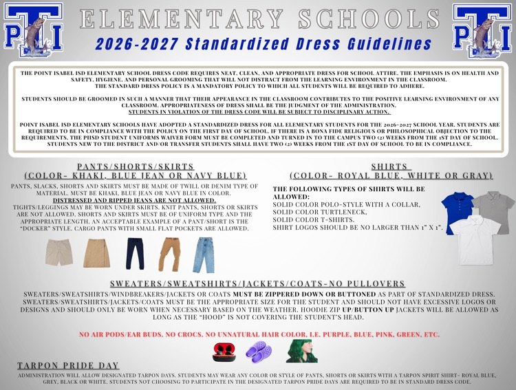 Point Isabel ISD standardized dress guidelines for 2026-2027
