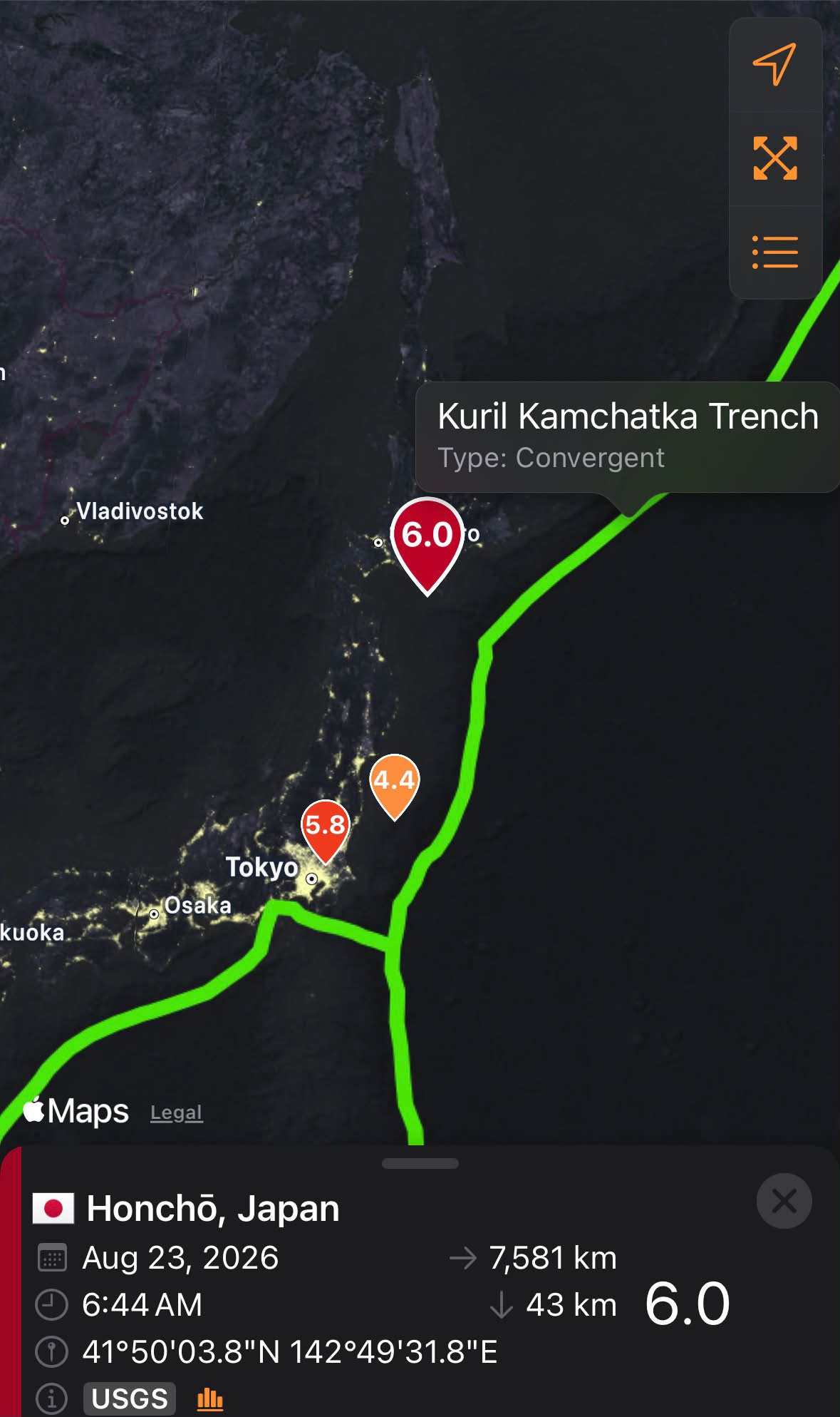 6.0 earthquake off northern Japan's coast along Kuril Kamchatka Trench