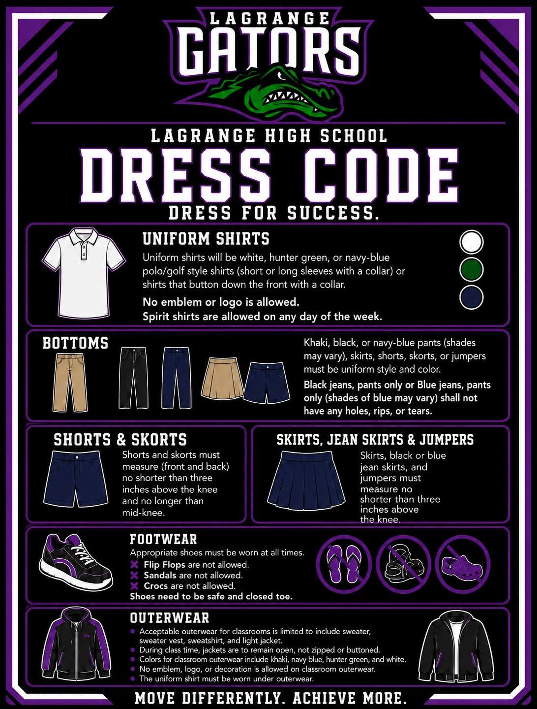 green gators dress code LaGrange High School uniform policy for back-to-school Elegant Long Sleeve Black Dress