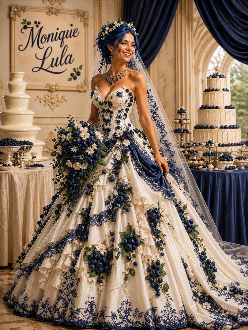 cream and blue wedding dresses Blueberries bride in her beautiful blueberry dress with her hair is so cute and unique! Would you pick a fruit themed wedding? 💙 I Threw Myself a blue_baby_boy_suit so some details can Size:18.0 5/6