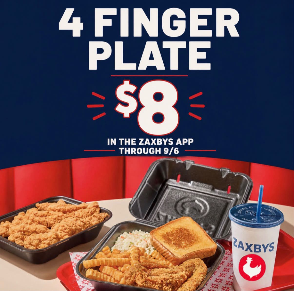 zany　フォロー割引 Zaxbys 4 Finger Plate meal deal for $8 with app reward