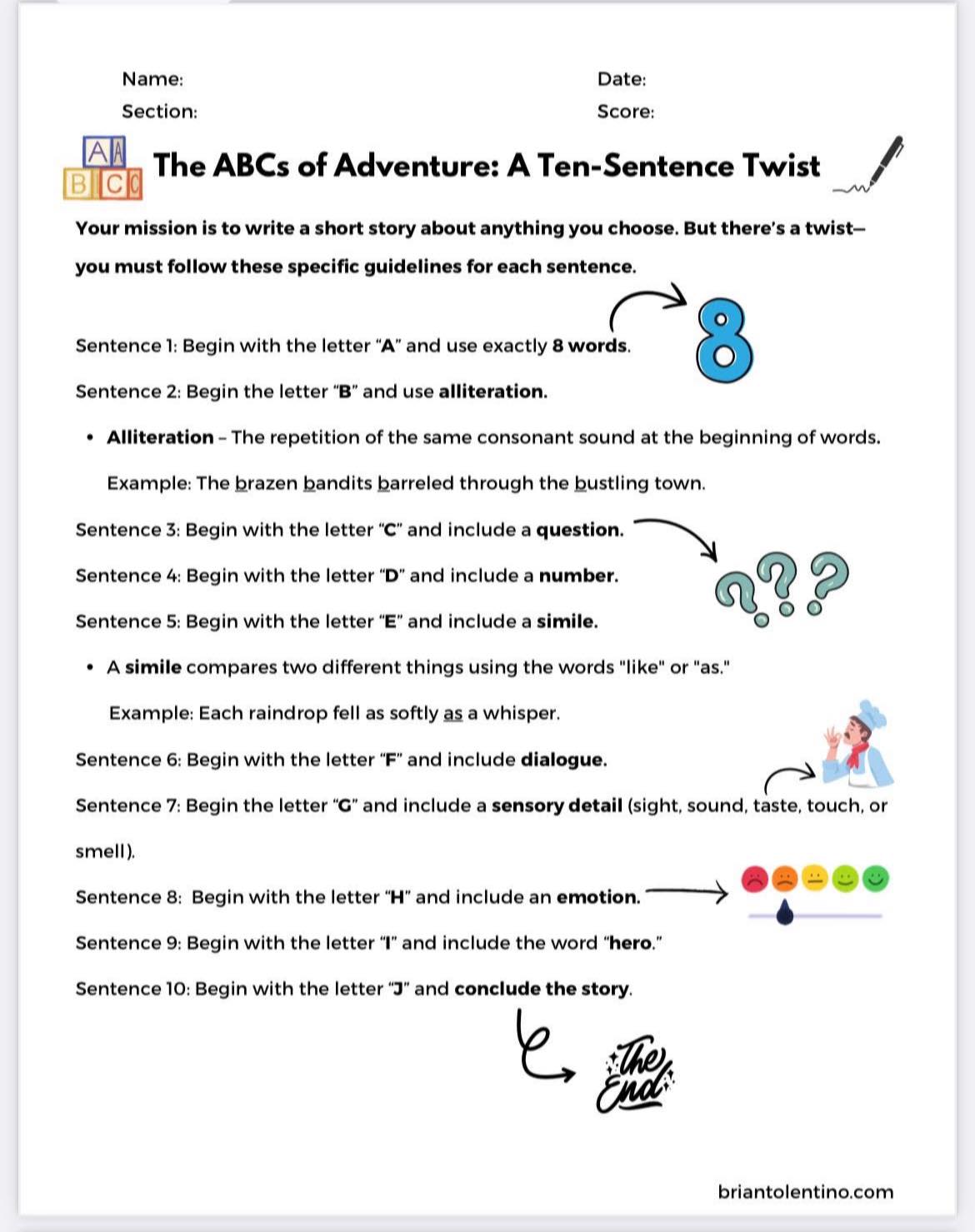 Tolentino - The ABCs of Adventure: A Ten-Sentence Twist! Link here ...