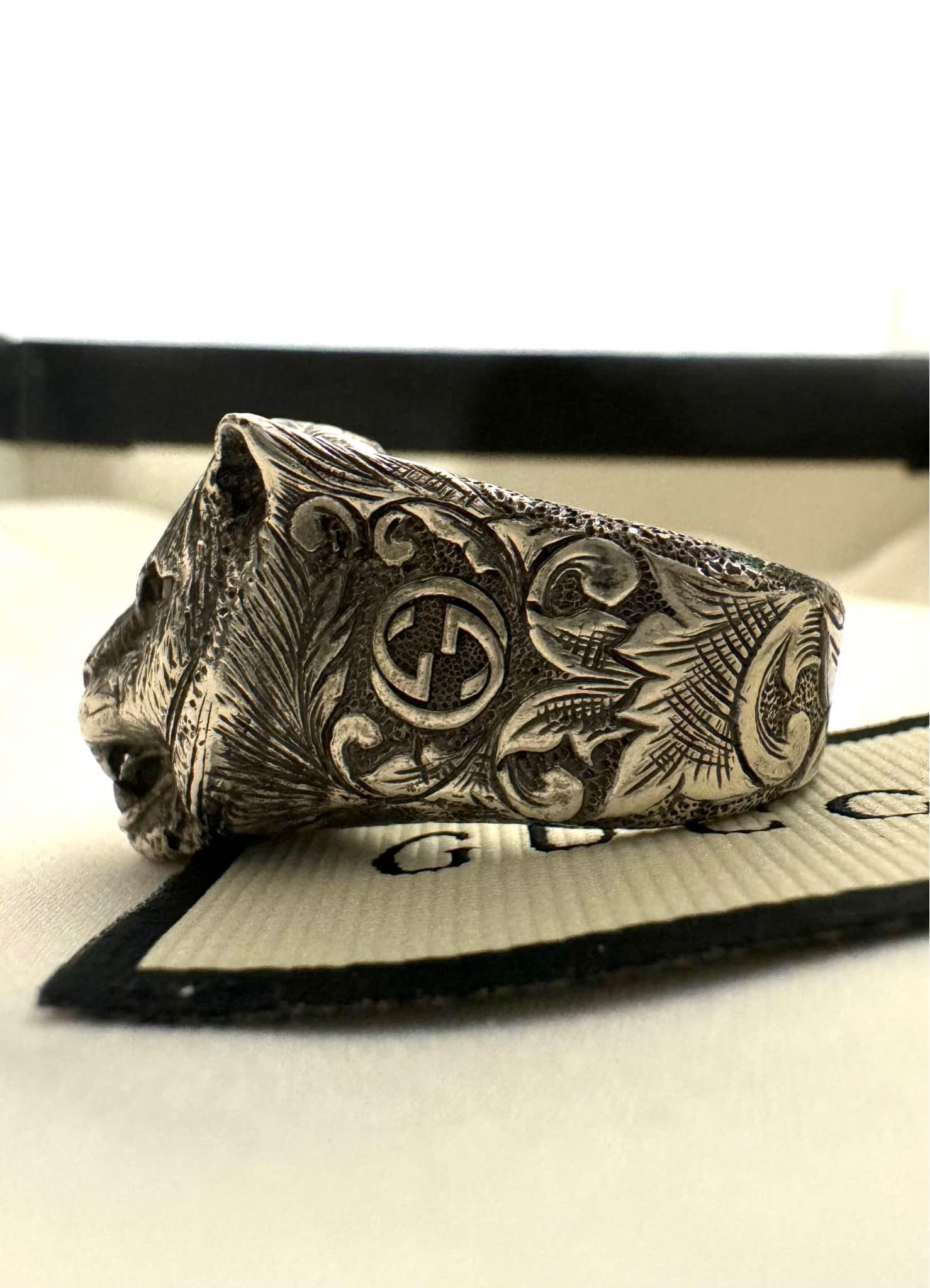 GUCCI Ring Sterling Silver Garden Cat Feline Head Purple Gem Eyes 