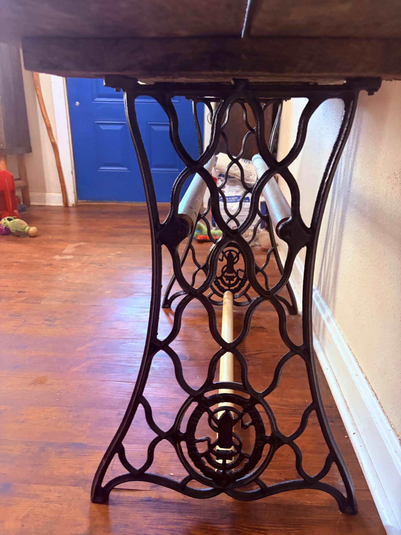 Singer base sewing machine entry table with rough cut oak top - Sewing ...