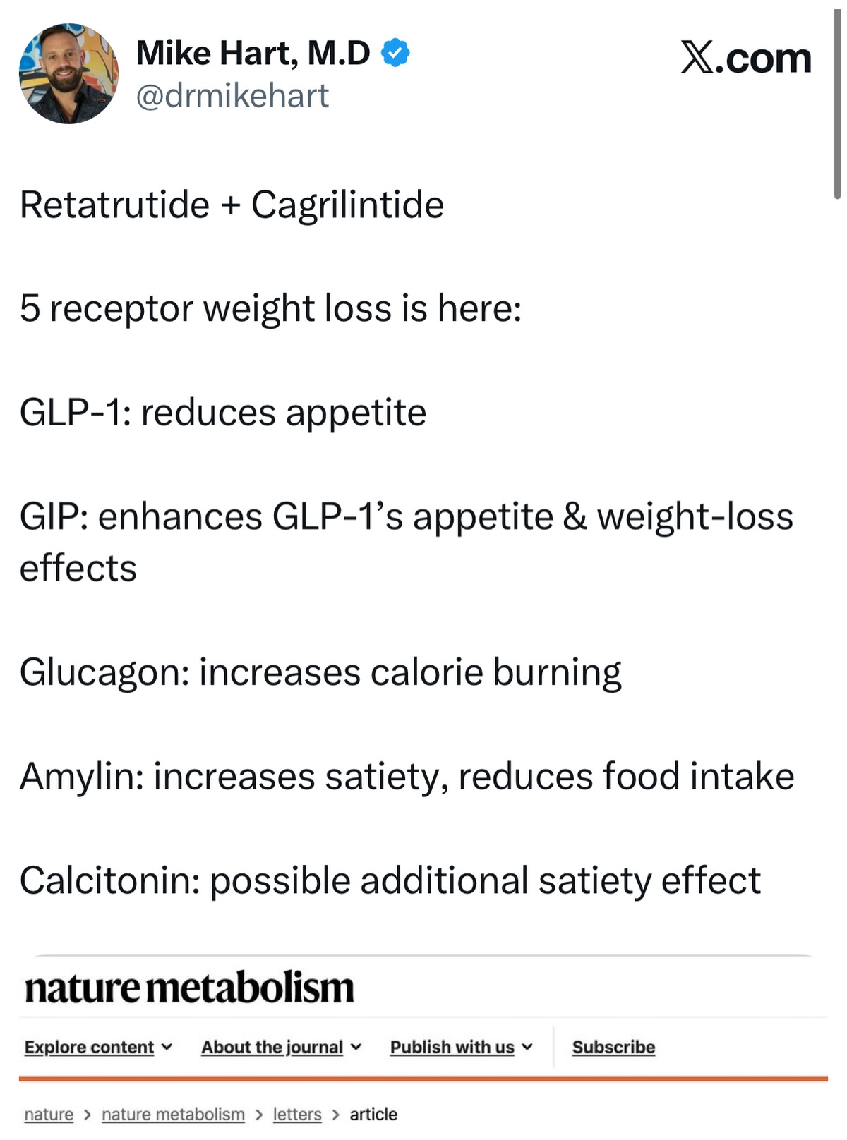 Weight-loss drugs are becoming like razor-blade commercials from the 90s. Except instead of adding more razor blades, they're adding more receptors. Retatrutide hits 3: GLP-1 GIP Glucagon Cagrilintide adds 2 more: Amylin