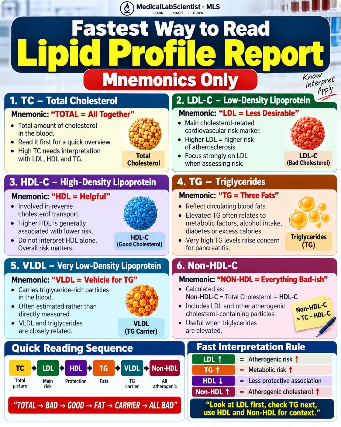 Fastest Way to Read a Lipid Profile Report: Easy Mnemonics Reading a lipid profile gets faster when you connect each parameter with a simple mnemonic. • TC = Total Cholesterol → “Total =