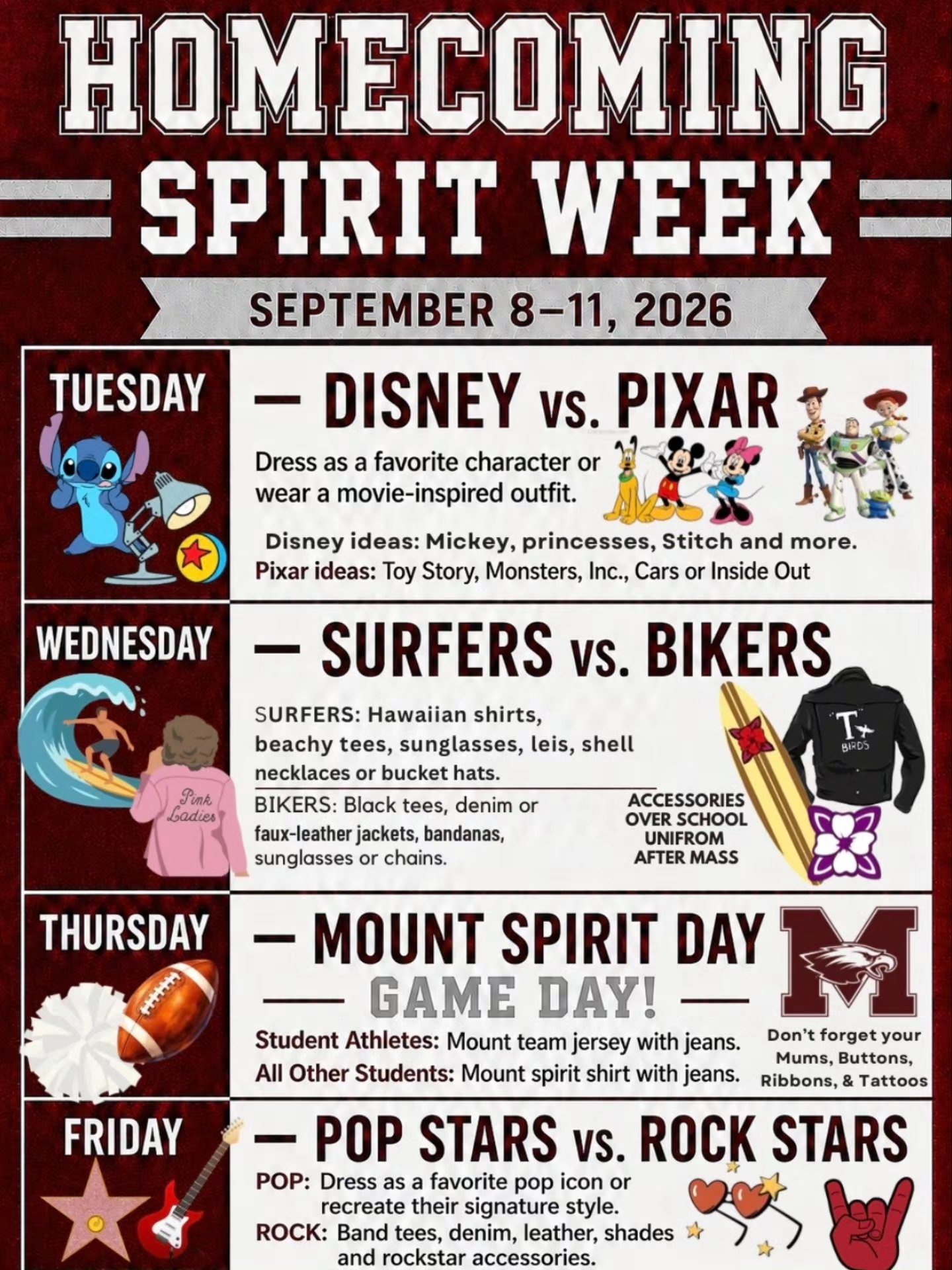 homecoming spirit week dress up ideas HOCO MODE: ON. themes have officially dropped! Which side are you choosing? 👀❤️ 📣 Spirit Week Reminder: School-appropriate attire is required. Wednesday is Mass Day—theme accessories must remain packed and custom_CLUB DRESSES