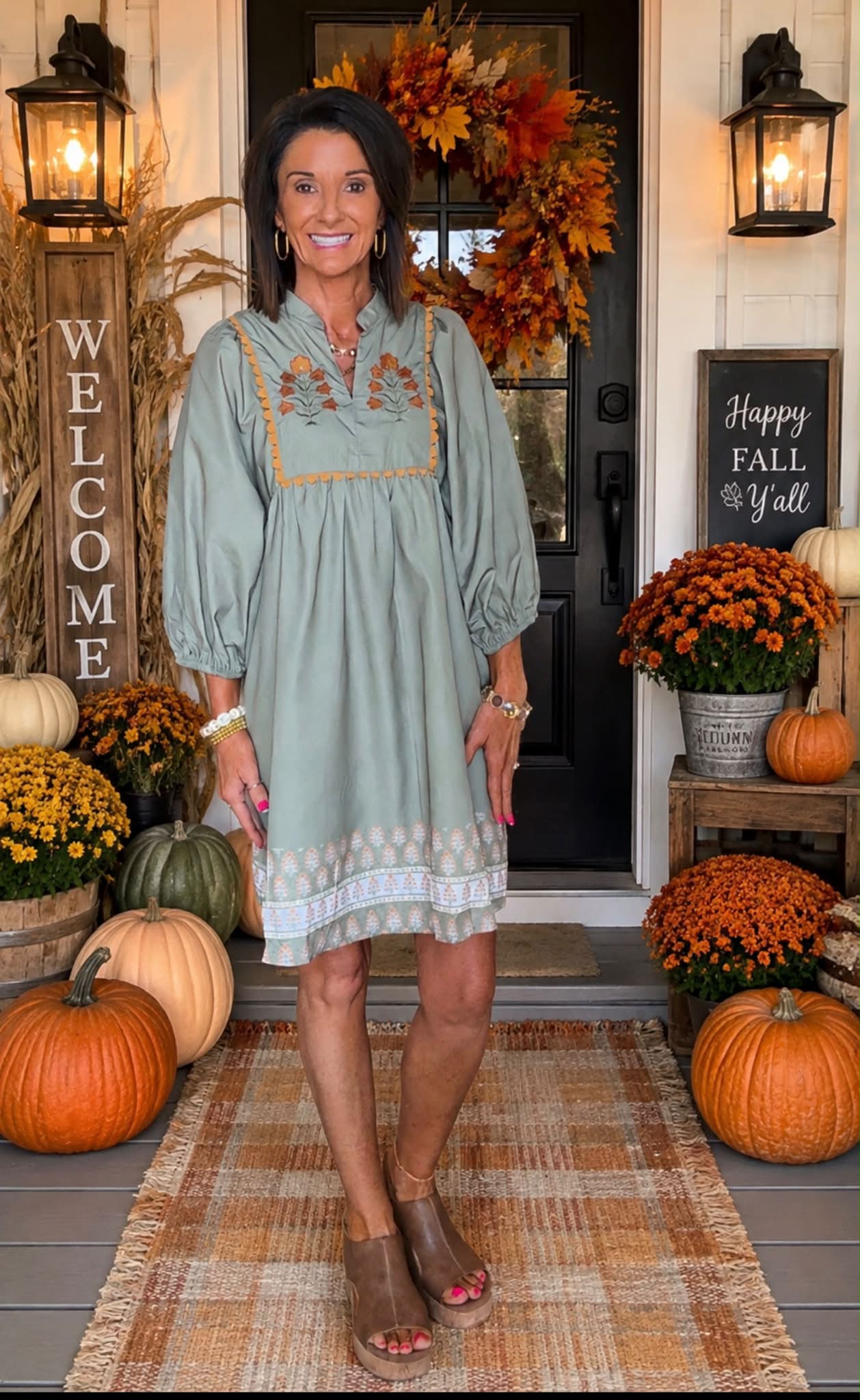 patterned sage green dress Soft floral for fall Wrap dress