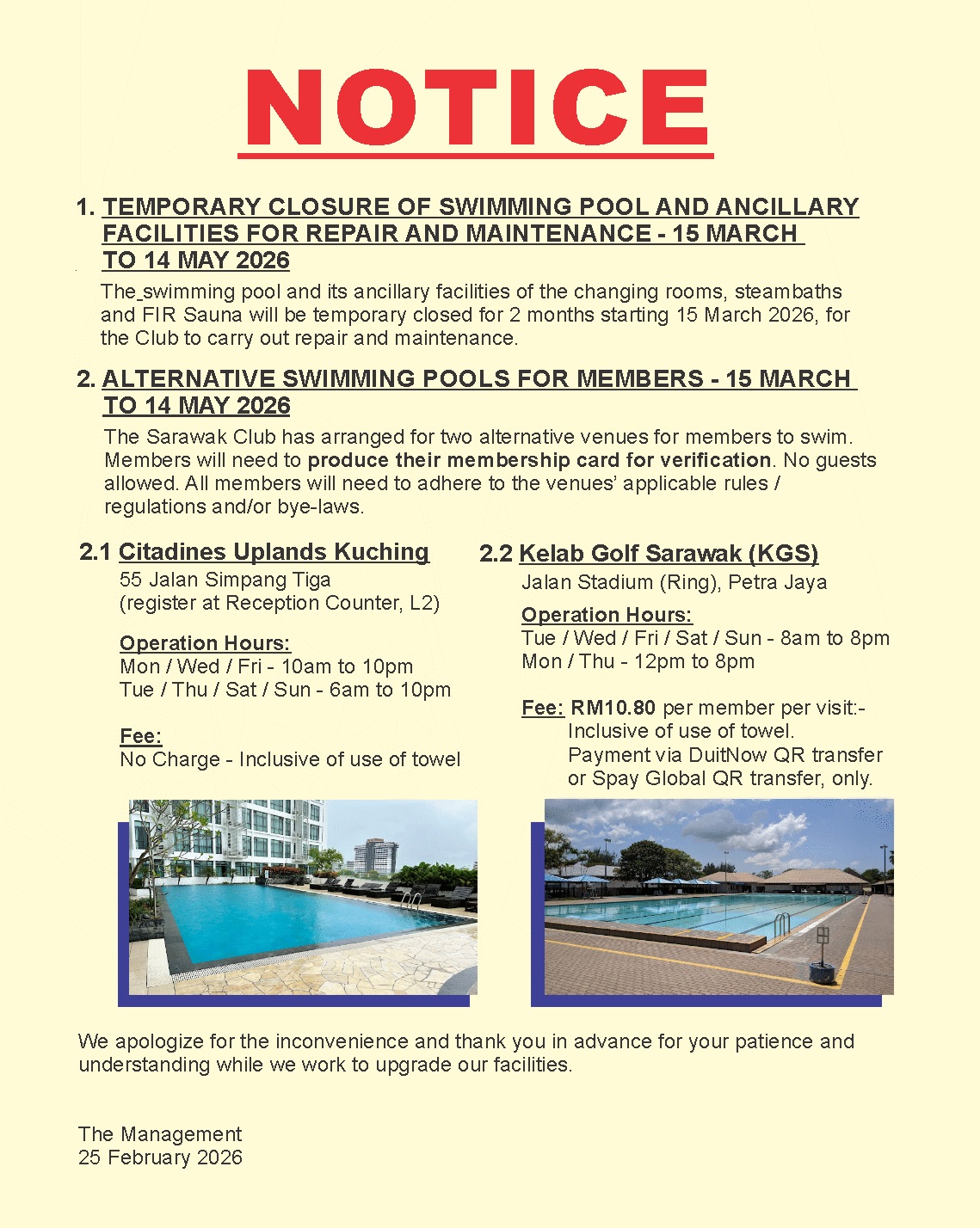 Sarawak - 🚨 NOTICE: Temporary Closure of Swimming Pool & Ancillary ...