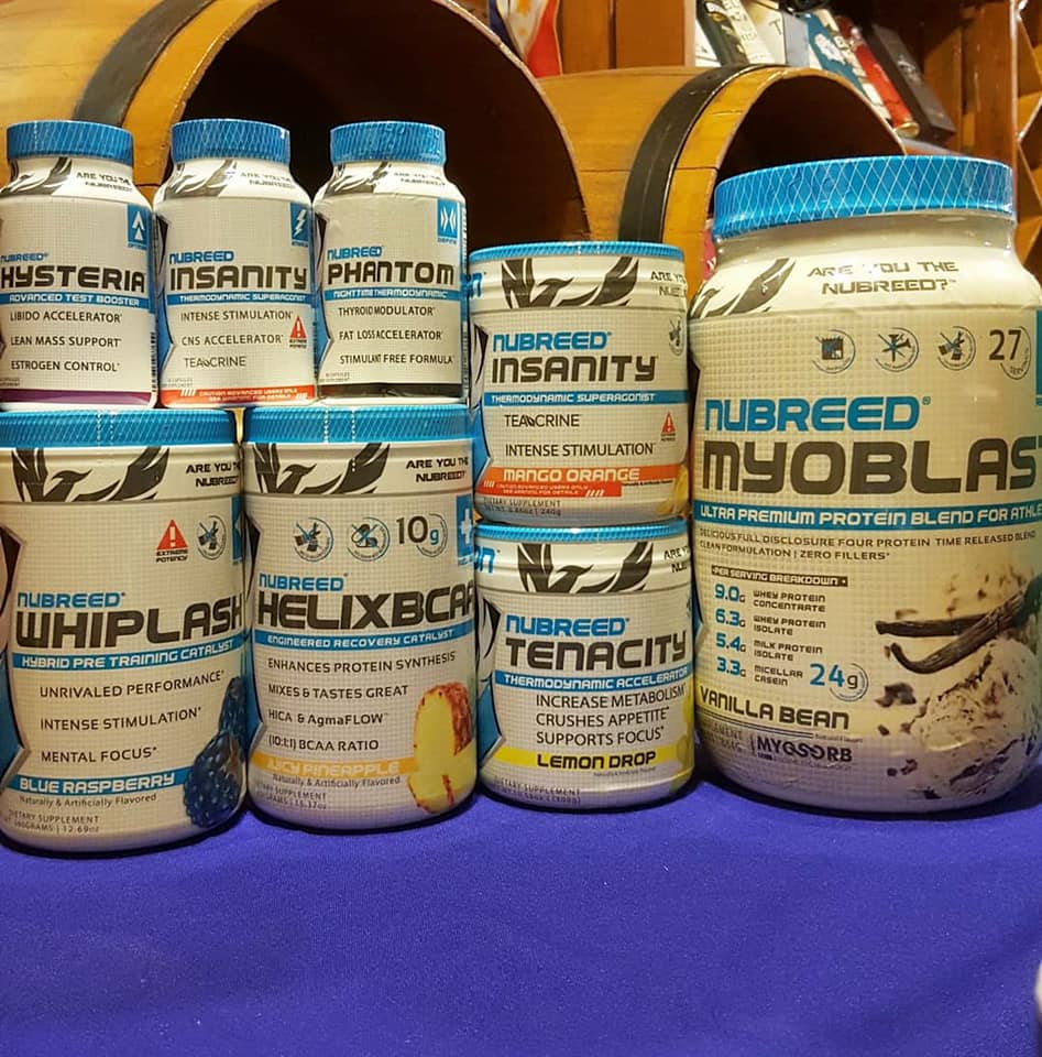 The complete line of Nubreed Nutrition products are now available at Express Supplements .com Helix BCAA recovery juice Hysteria Test Booster Insanity thermogenic fatburner capsules Insanity thermodynamic fatburner juice Myoblast ultra premium