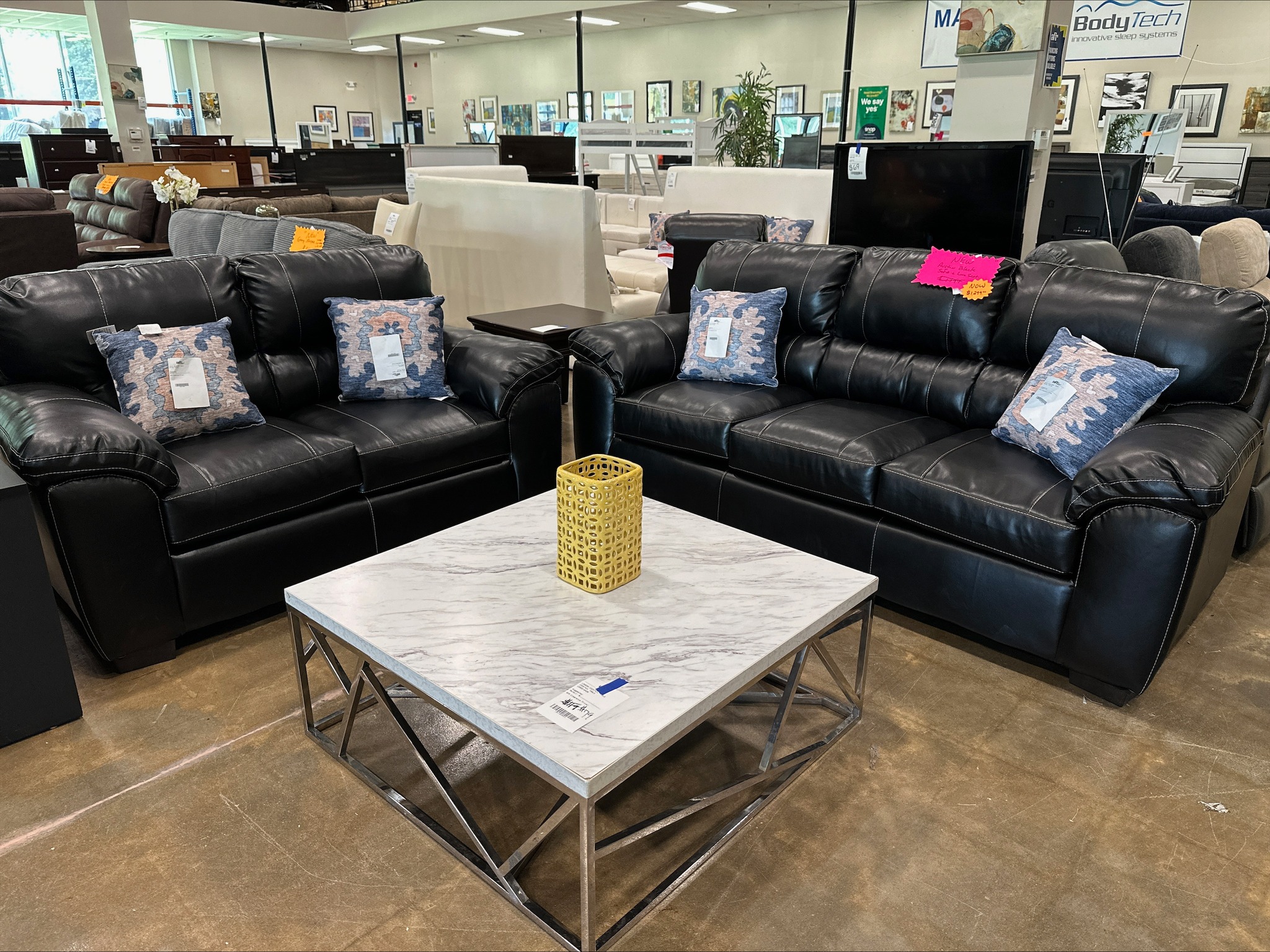 BRAND-NEW! Austin Black Sofa & Loveseat $1,299 Faux Square Coffee