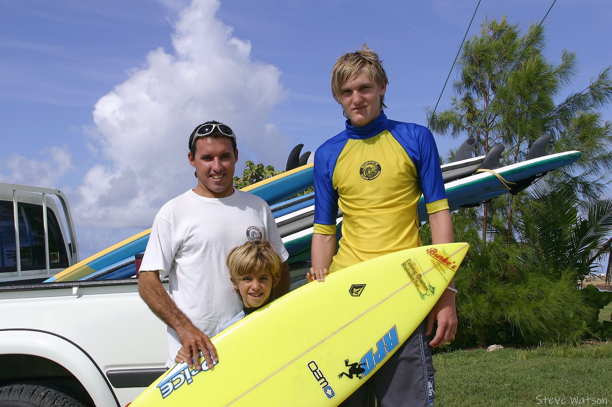 Alan Burke teaches Chris to surf in Barbados