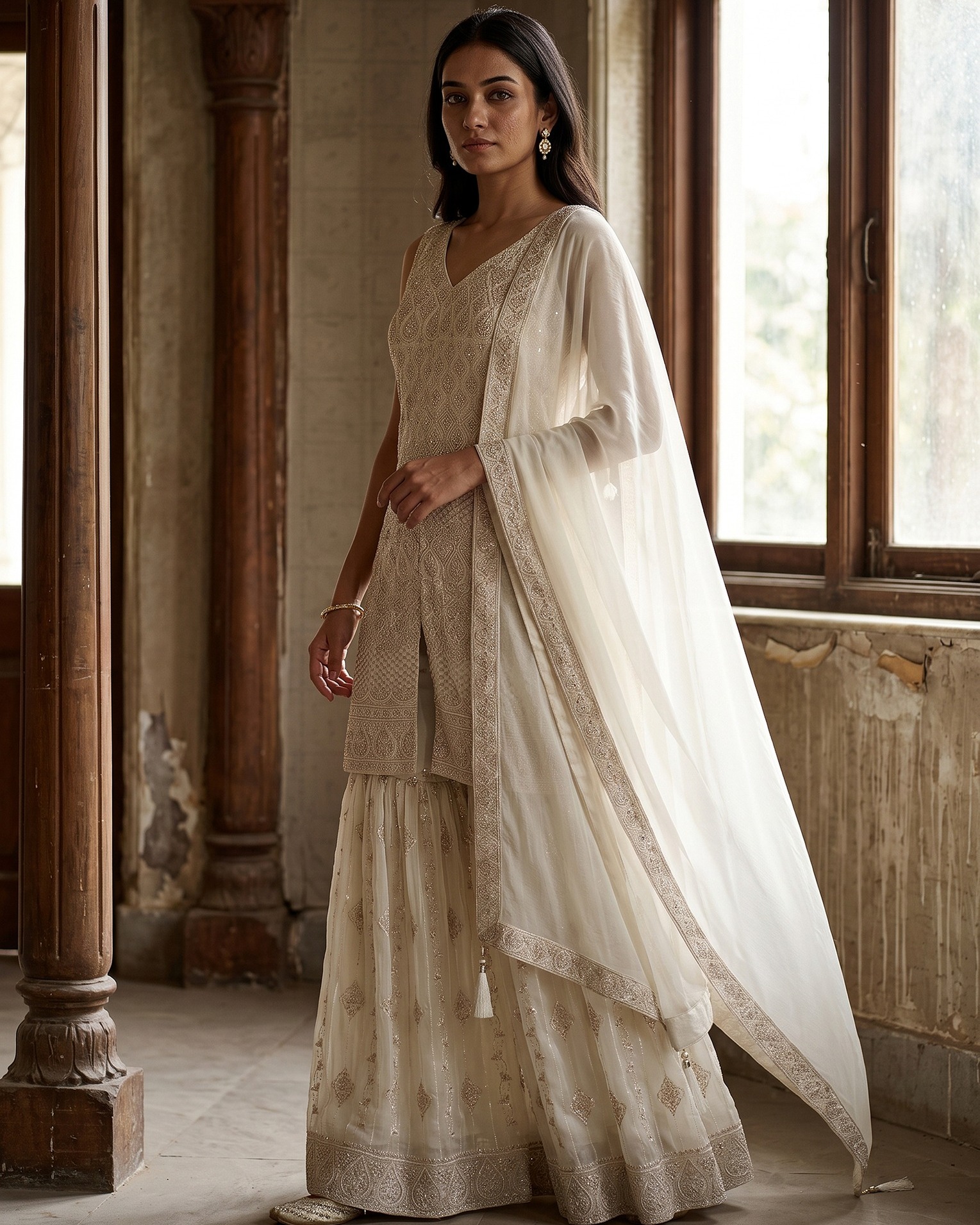 ivory asian wedding dresses Looking for the ultimate South Guest Look that blends timeless tradition with modern chic? ✨🤍 This breathtaking Designer Palazzo Suit is a flawless expression of modern ethnic elegance. The scuba crepe