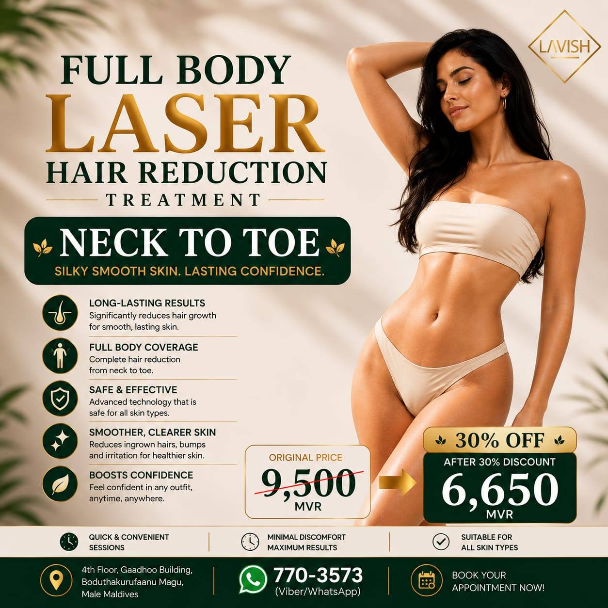 Lavish Salon's full body laser hair reduction treatment in Male, Maldives