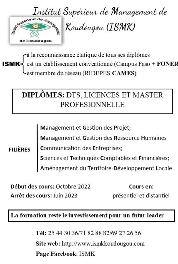 Institut Supérieur de Management de Koudougou (ISMK) | Facebook