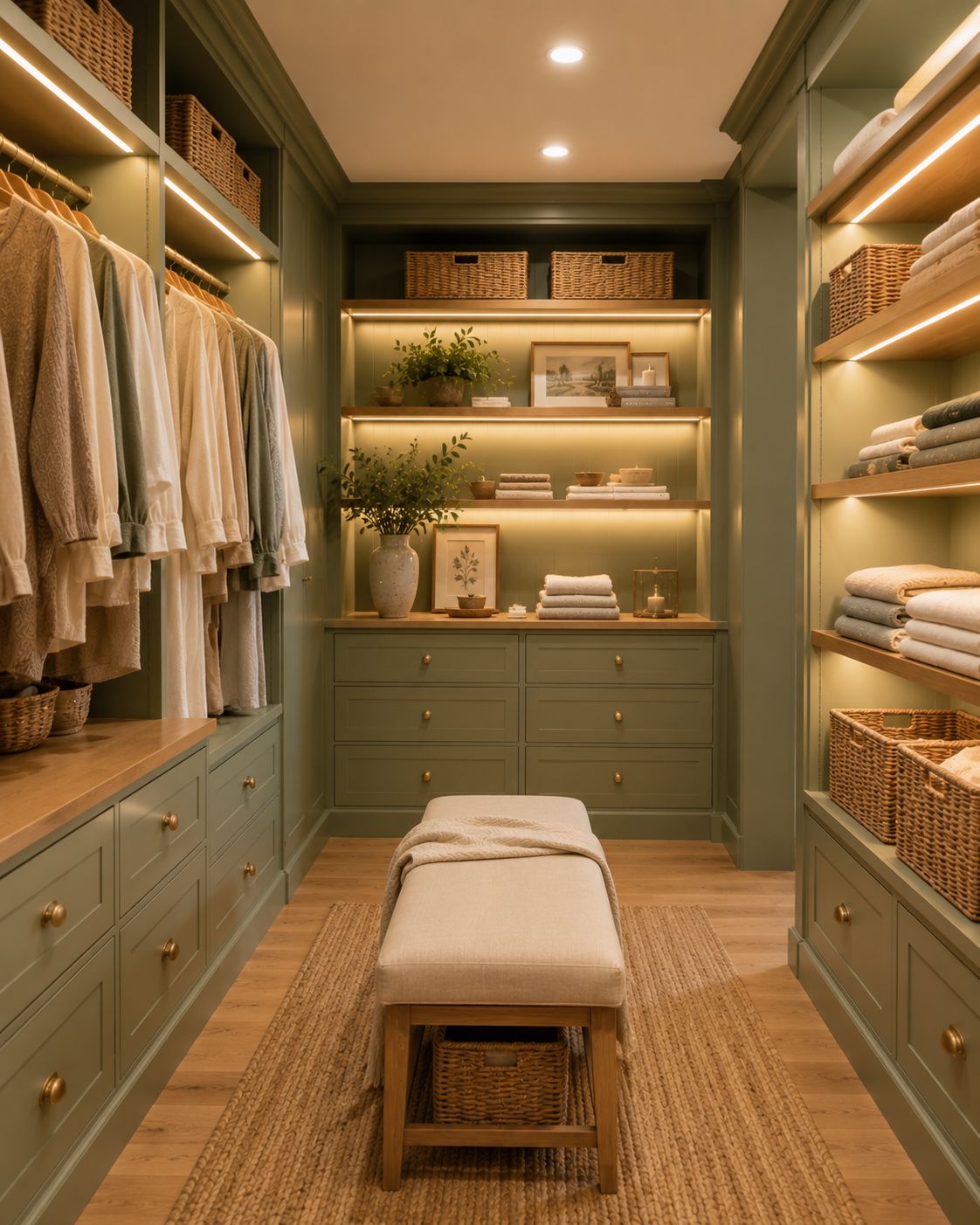green dressing room ideas Sage makeup closet and walk-in closet outfits
