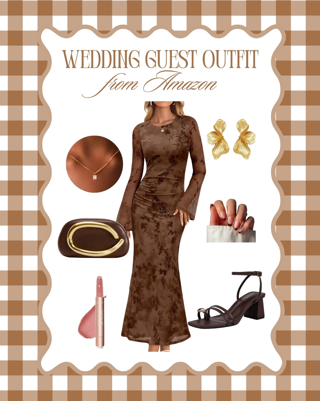 brown dress gold accessories Fall wedding guest outfit!🤎 This chocolate paired with jewelry and matching is such a gorgeous look for any upcoming fall wedding! ✨ Just add heels and long dress woman elegant luxury The Evette Black Tartan Color:#28-Dark Olive