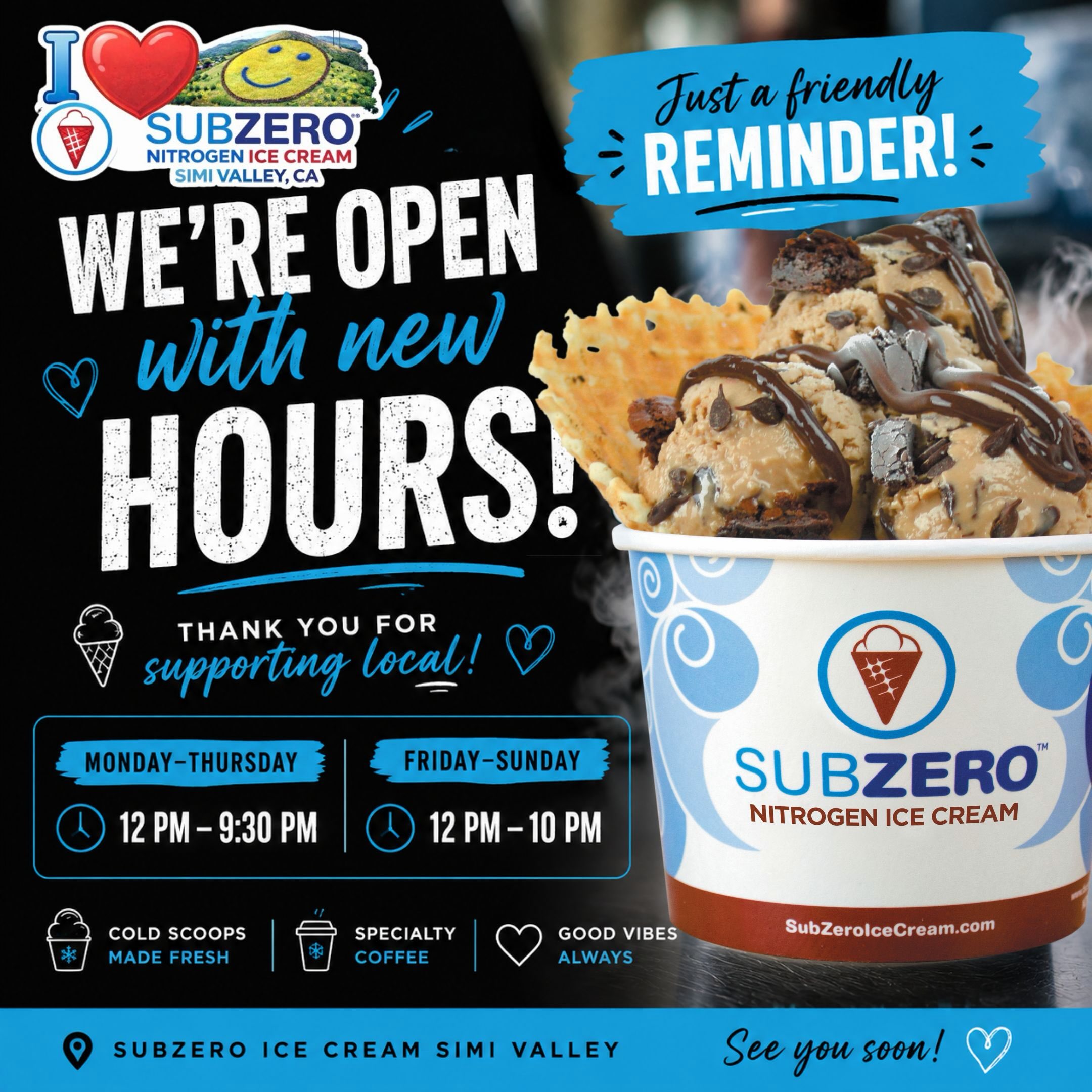 Subzero Nitrogen Ice Cream New Hours in Simi Valley
