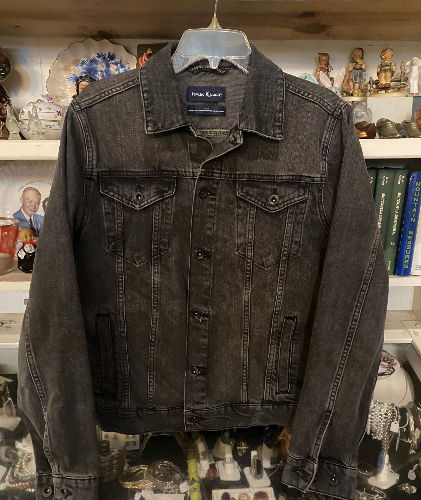 Psycho bunny denim jacket. Guessing a large. $42.00. Open today