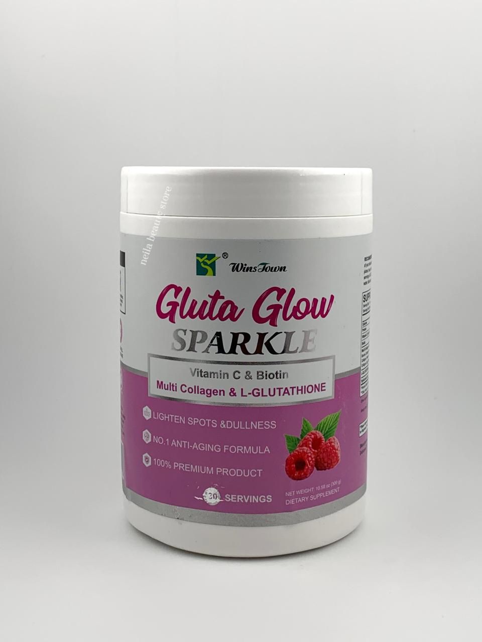 WinsTown Gluta Glow Sparkle Multi Collagen & L-Glutathione with vitamin C & Biotin. Benefits Key Features Promotes a natural skin glow and even tone. •Boosts collagen production for youthful, firm skin. •Strengthens