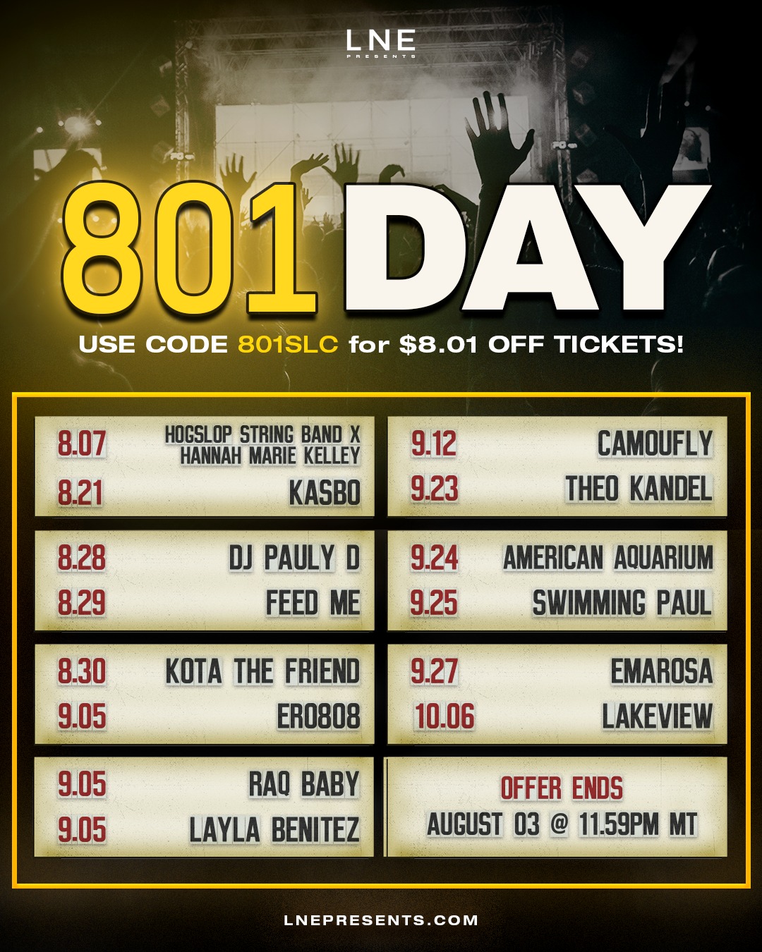 洋楽 Flat Lyne Entertainment Presents SLC! 📣 LNE Presents is celebrating the 801 📣 with $8.01 OFF GA