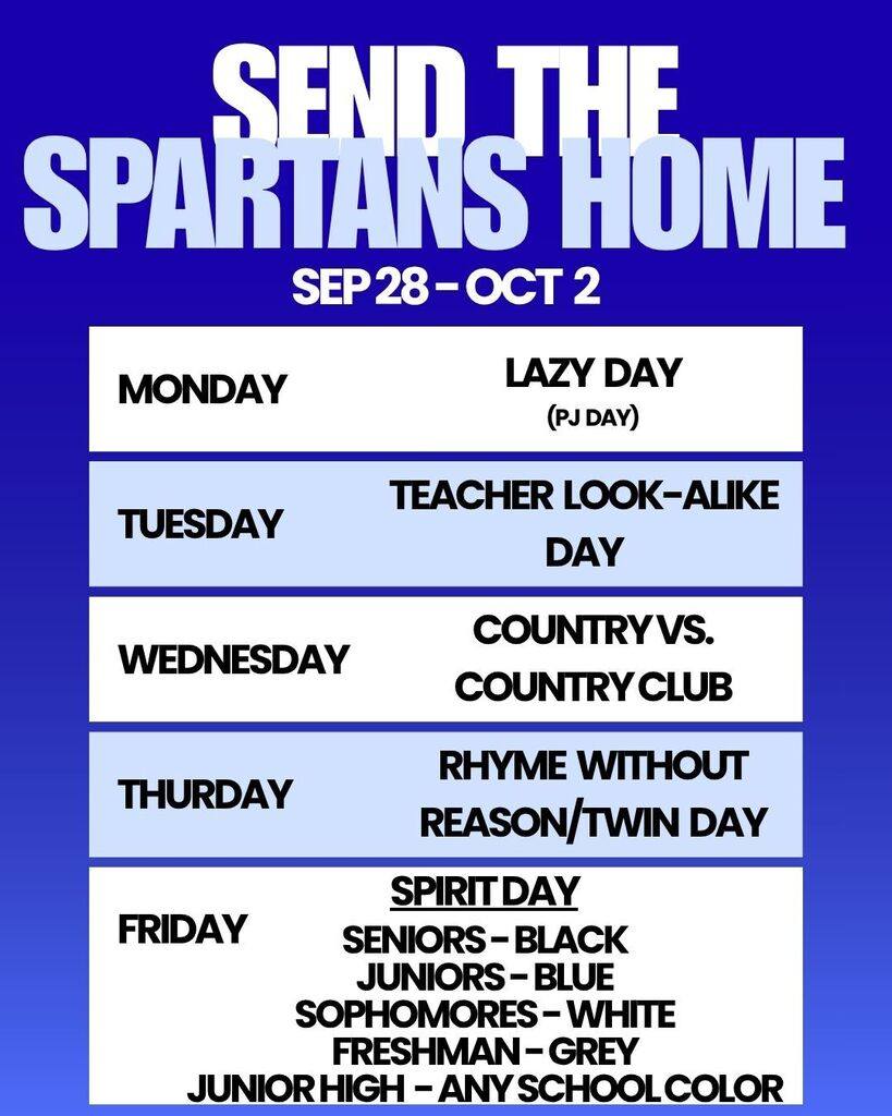 Homecoming dress-up days have been decided! Monday, 9/28 - Lazy Day. Dress in your comfiest pajamas. Tuesday, 9/29