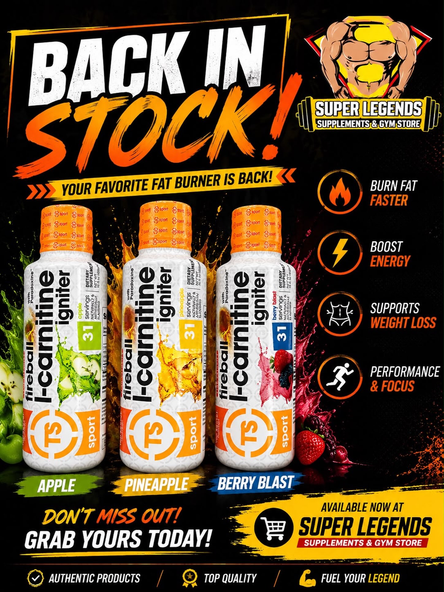 Fireball L-Carnitine Igniter back in stock at Super Legends Supplements