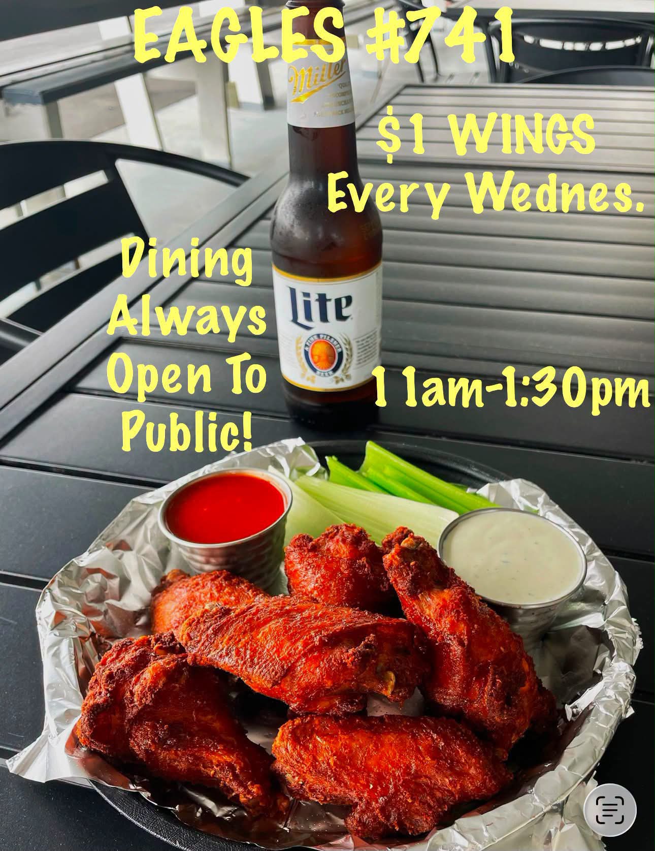 $1 wings at Eagles #741 in Columbus, Indiana on Wing Wednesday