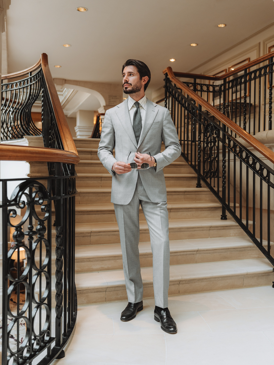 light grey suit with brown dress shoes A light-grey needs an anchor—or it can feel washed out. For early fall, use a deeper tie to give the outfit a clear centre line. Here, the muted charcoal tie adds tan wool _brand_Hugo-Boss $397 Milly Women's Black Adult:women