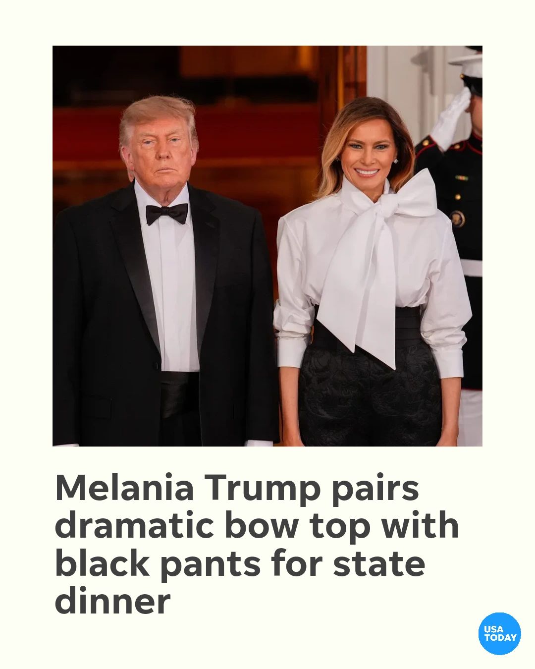 worst dressed first lady Melania Trump put a contemporary spin on state dinner fashion, stepping out in a crisp white shirt with a dramatic bow and tailored high-waisted black pants. Click the link below to see YGroup_12348