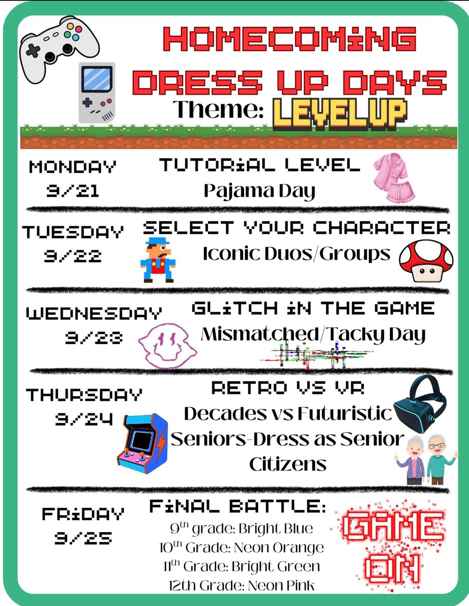 homecoming theme dress up days level up schedule digital pattern