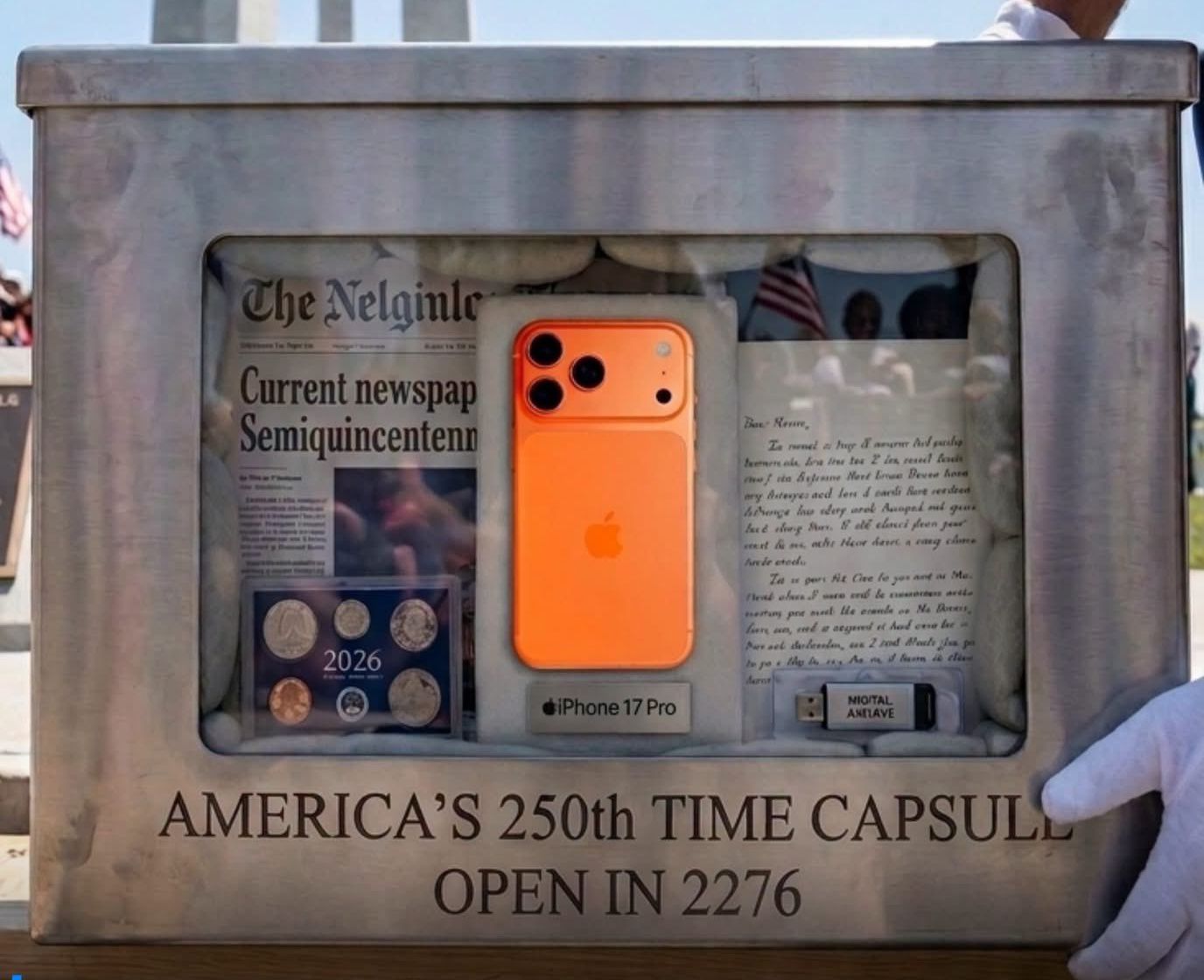 An iPhone 17 Pro Max in Cosmic Orange has been sealed inside