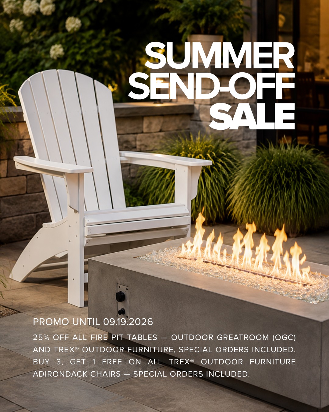 Summer send-off sale: 25% off fire pit tables and buy 3 get 1 free Adirondack chairs at Landscapers Depot