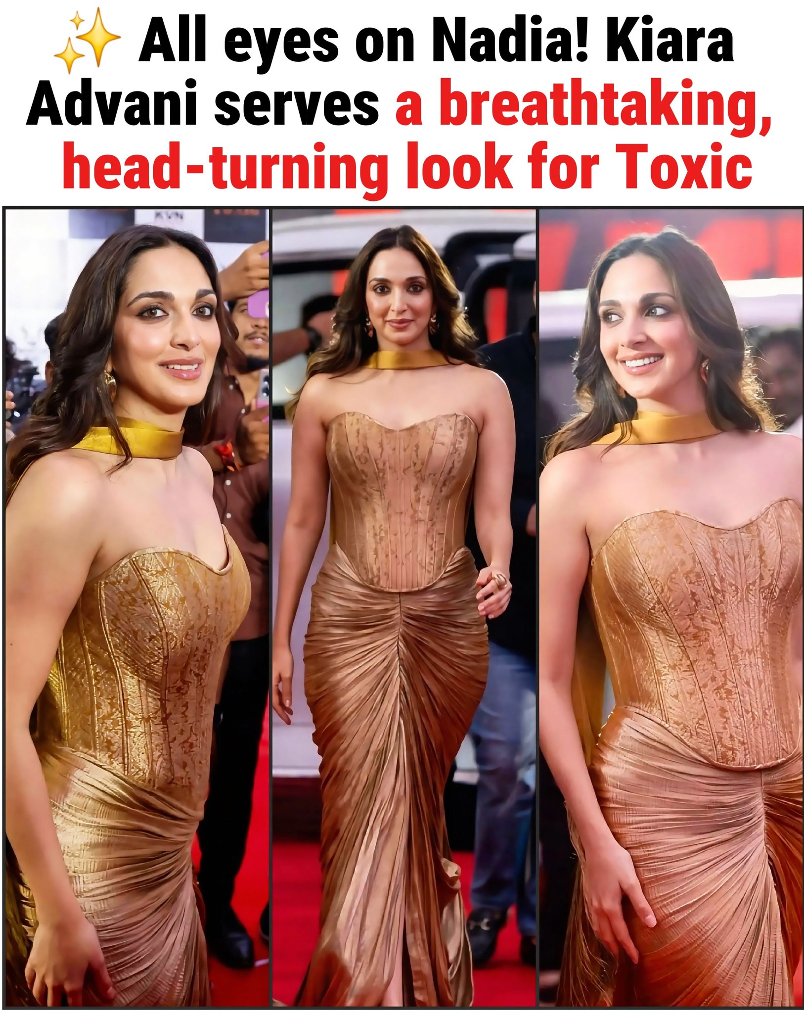 kiara advani gold dress and glamour take over Chennai! ✨ looks absolutely breathtaking in this sculpted bronze corset gown for the Toxic pre-release event. Nadia is ready to steal our hearts on the party wear kiara advani gown