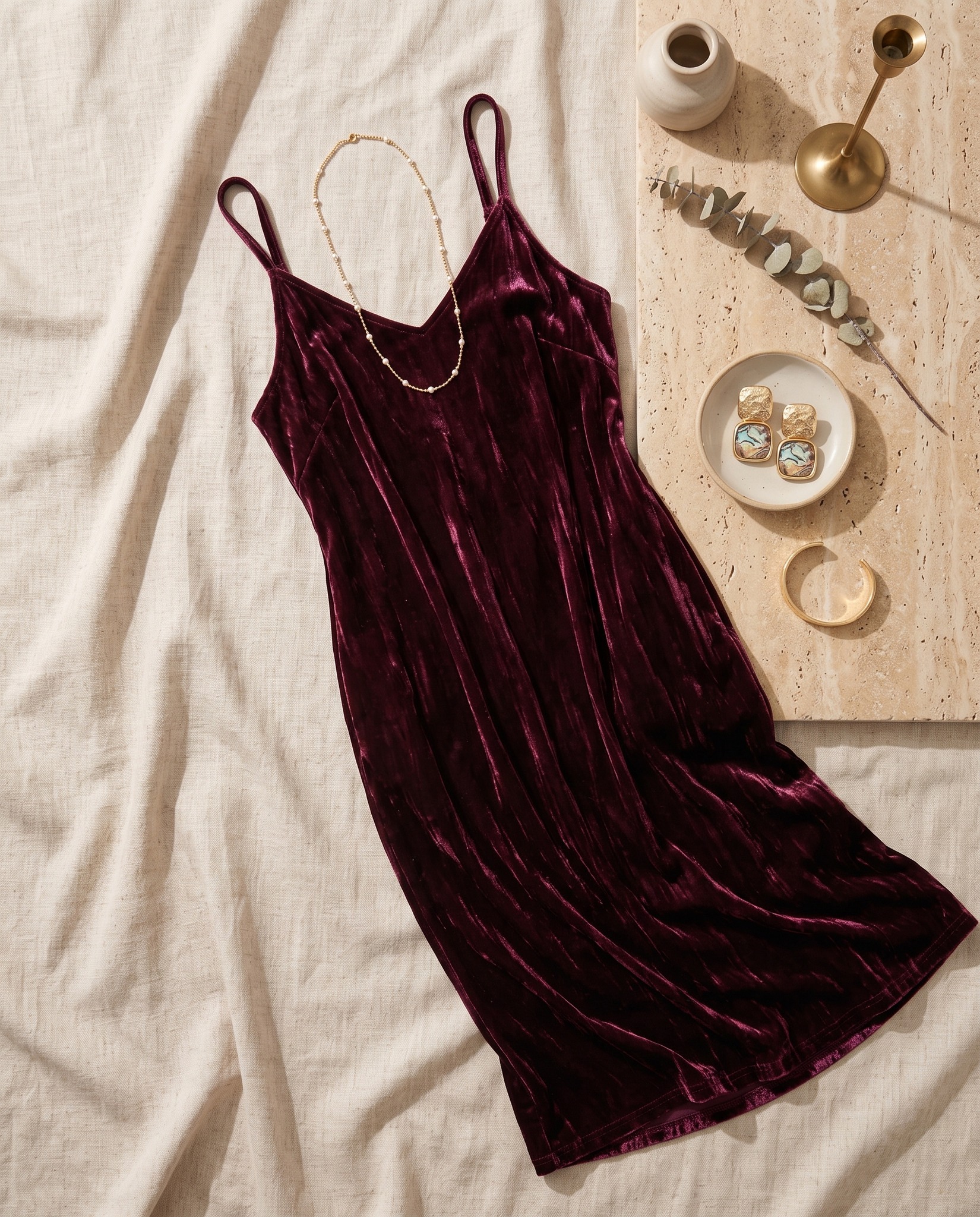 Crushed burgundy velvet tank dress with pockets
