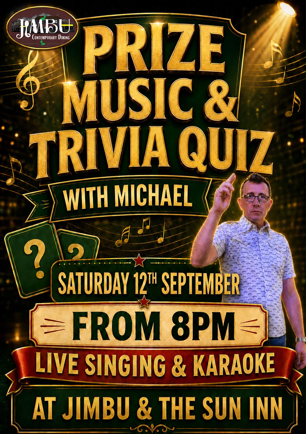 🎶🏆 Prize Music & Trivia Quiz with Michael! 🏆🎶 Join us at Jimbu