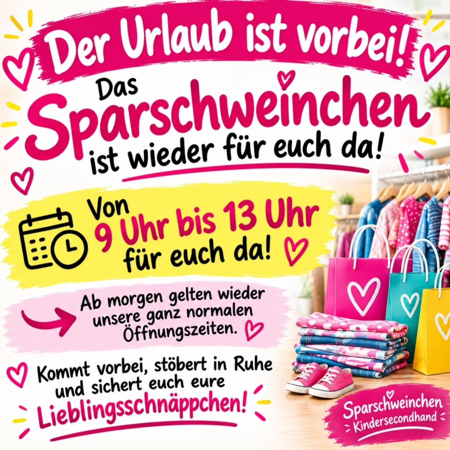 Heute Montag von 9 bis 13 Uhr für euch da. Ab Dienstag wieder die ganz normalen Öffnungszeiten