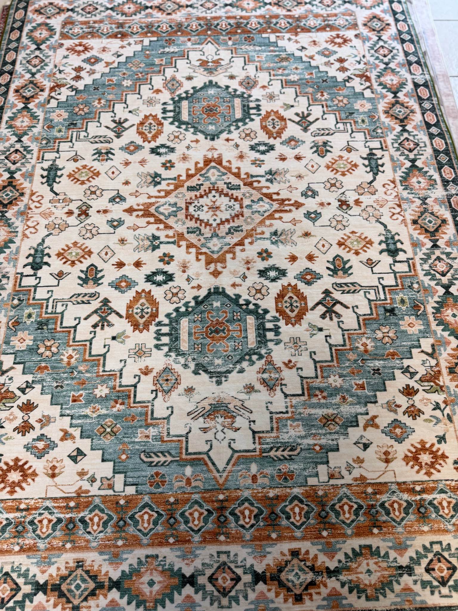 Brand new washable Boho Geometric Area Rug Teal Orange Cream size 5by7 ...