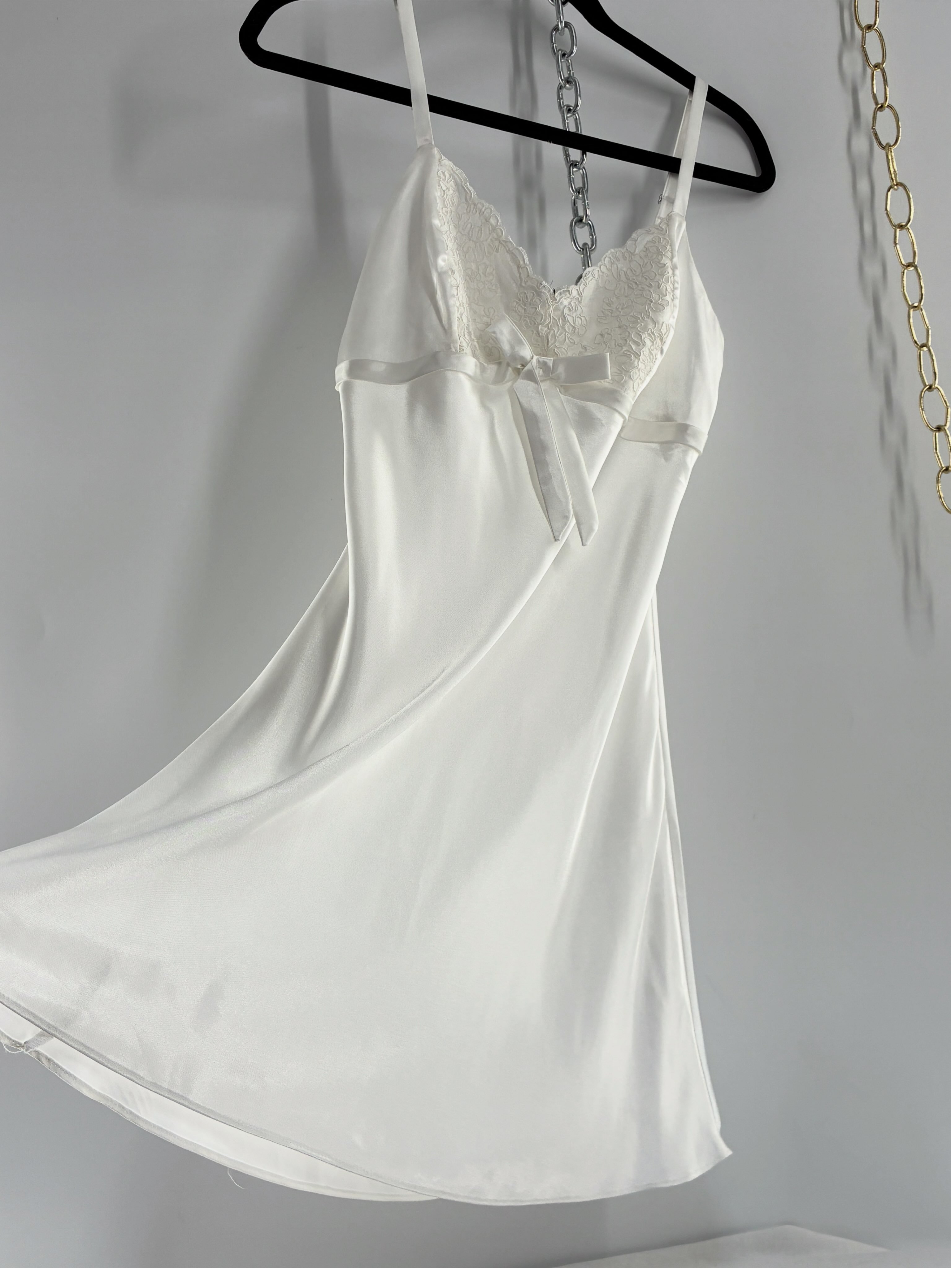 Vintage Jones New York white satin slip dress with lace and bow detail