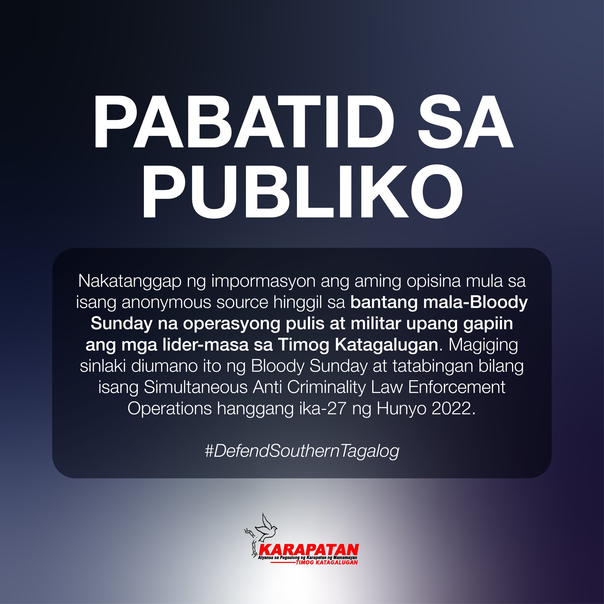 Karapatan Southern Tagalog - PABATID SA PUBLIKO Nakatanggap ng ...