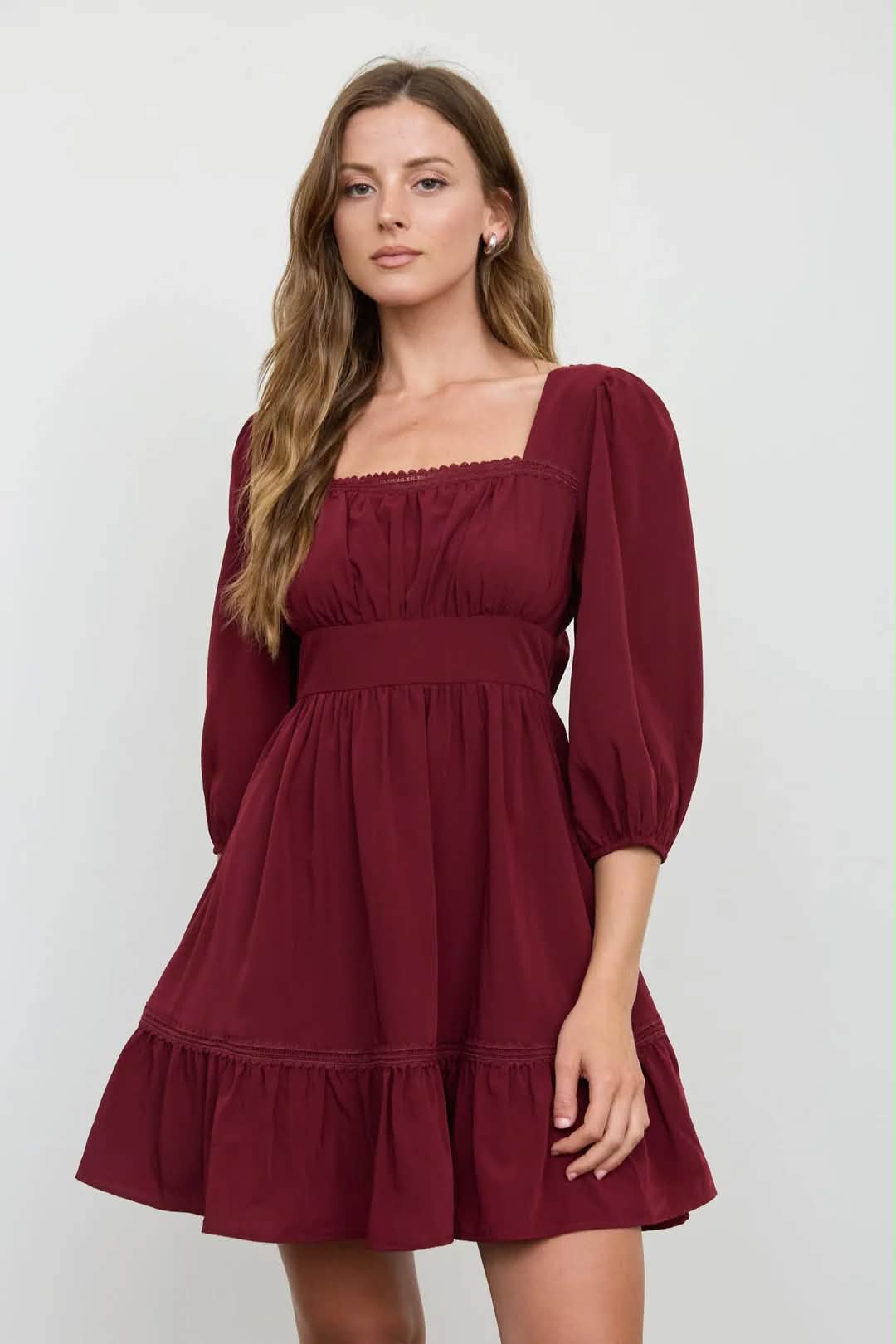cute short burgundy dresses mini dress for fall SIZE:8.5 hugging fit Brand_Millennium® By Ashley Lace V-neckline White Wedding