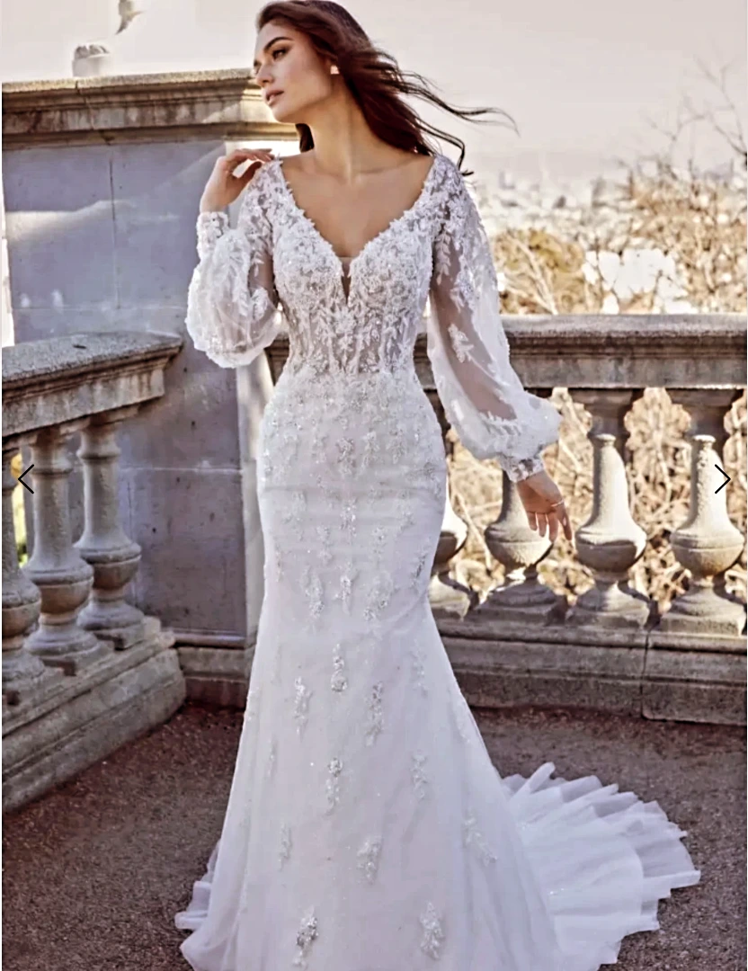 fitted lace wedding dress Ivory Off-the-Shoulder Trumpet Wedding Dress with Balloon Sleeves – Modsele main image 0