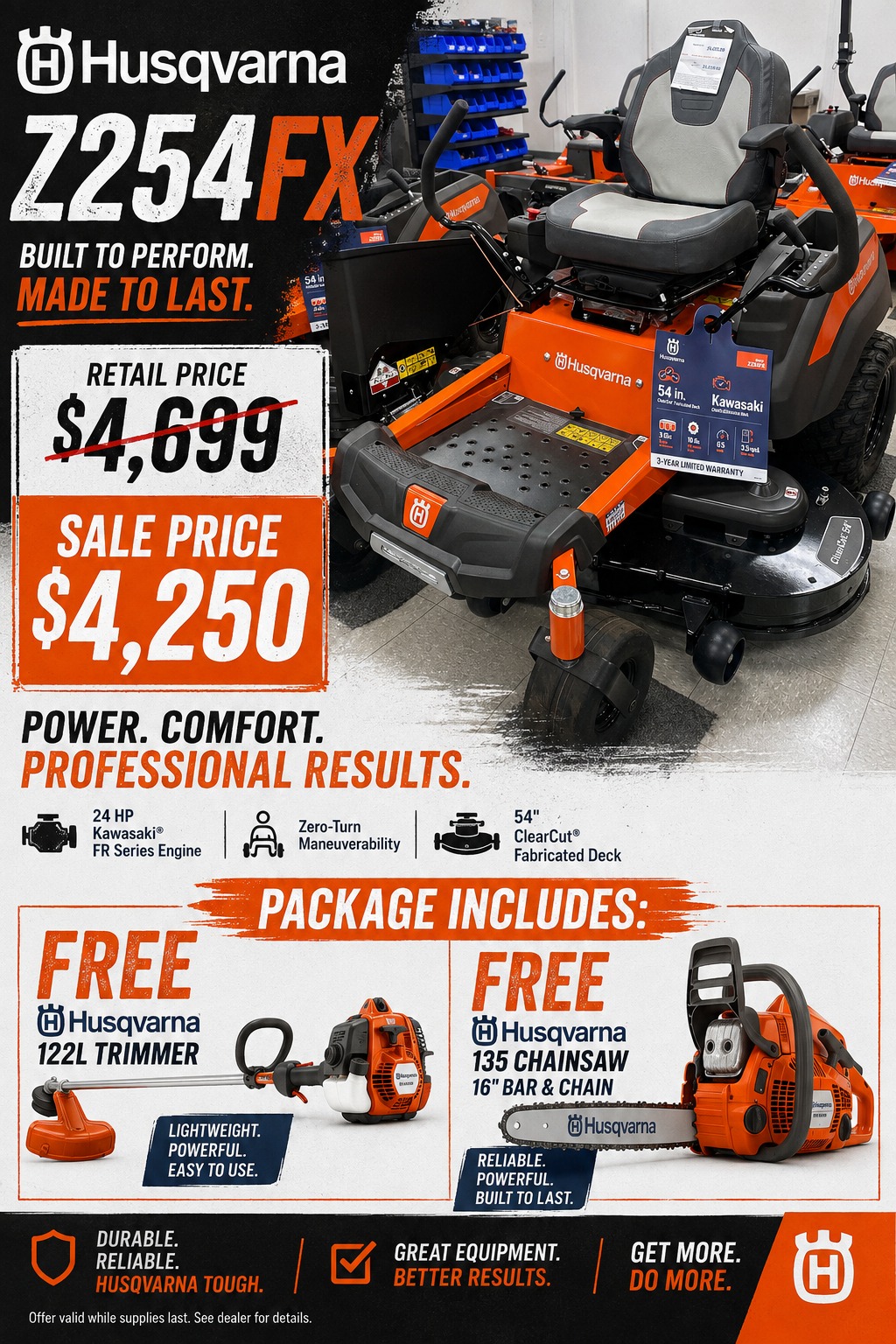 Husqvarna Z254FX zero-turn mower package with free trimmer and