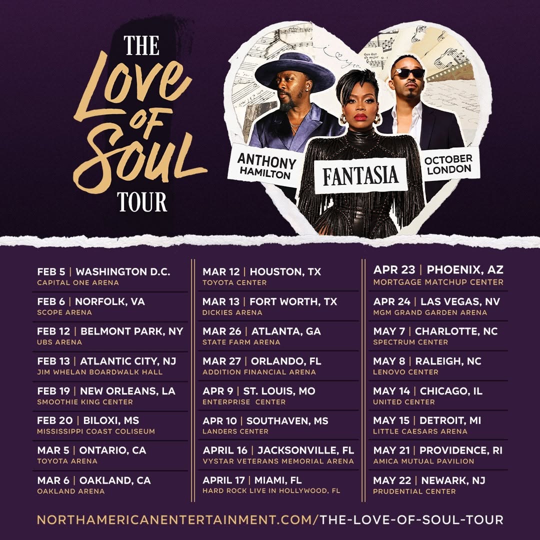 🚨THE LOVE OF SOUL TOUR IS COMING TO A CITY NEAR YOU! Three powerhouse voices. One unforgettable night. ❤️‍🔥🎶 Fantasia, Anthony Hamilton & October London are hitting the road together for the