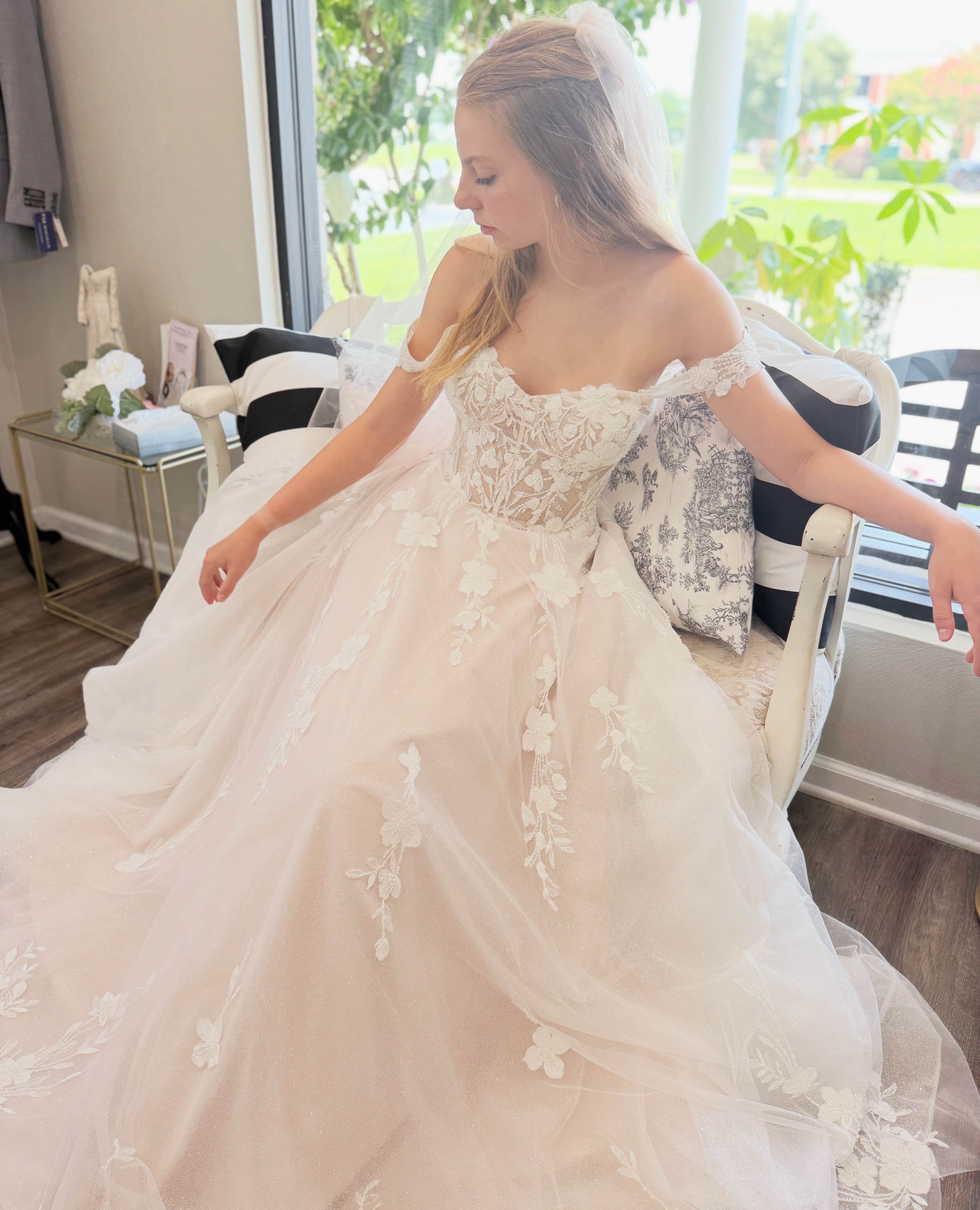 bridal dresses virginia beach Romantic off the shoulder wedding gowns at Avenir Boutique in Chesapeake, VA bubble skirt Astrid Wrap Dress Size:US: 4