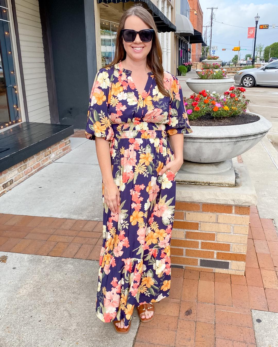 Flowy floral fall dress at Lyla's in Downtown Rockwall
