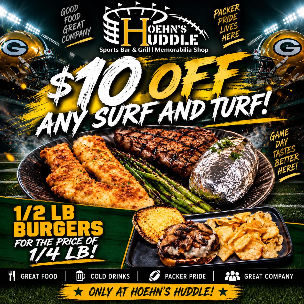 Hoehn's Huddle game day deals: $10 off Surf & Turf and 1/2 lb